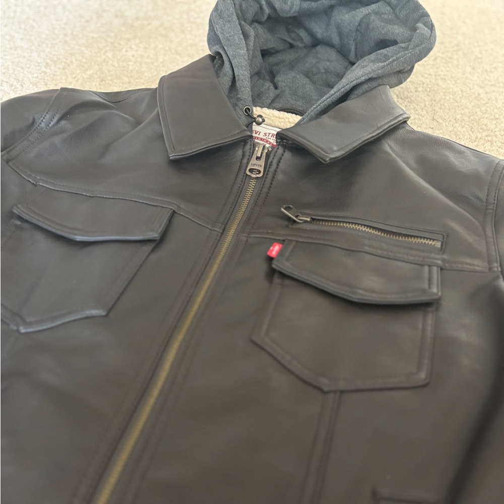 Levi's Faux-Leather Trucker with Jersey Hood & Fleece Lining Dark Brown Mens M - Picture 3 of 8